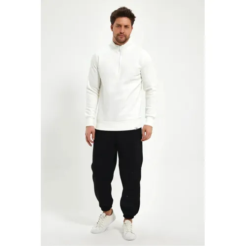 Beyaz Boğazlı Fermuarlı Sweatshirt