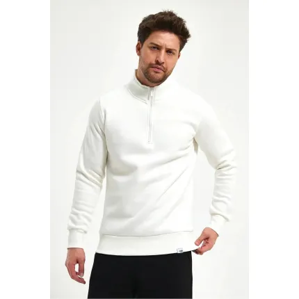 Beyaz Boğazlı Fermuarlı Sweatshirt