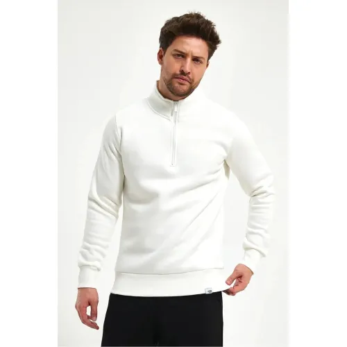 Beyaz Boğazlı Fermuarlı Sweatshirt